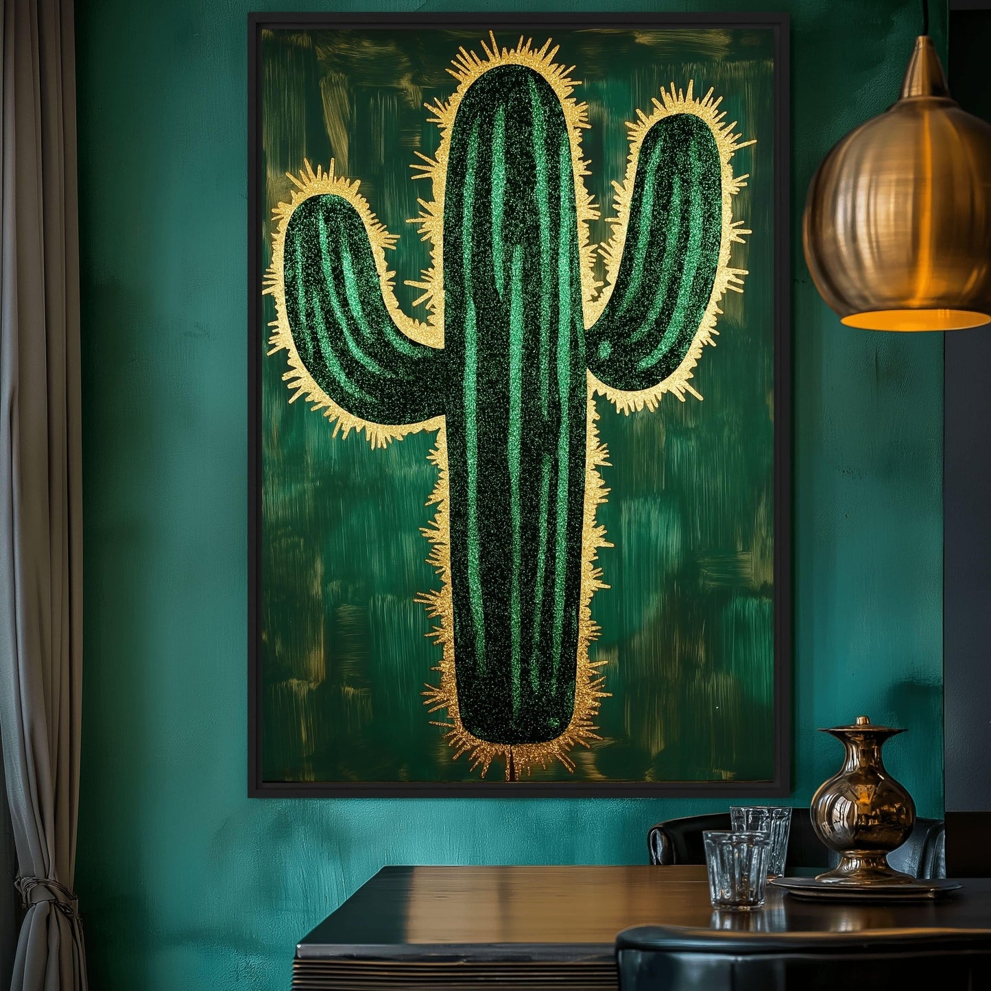 Cactus Green & Gold Modern Art Framed Canvas
