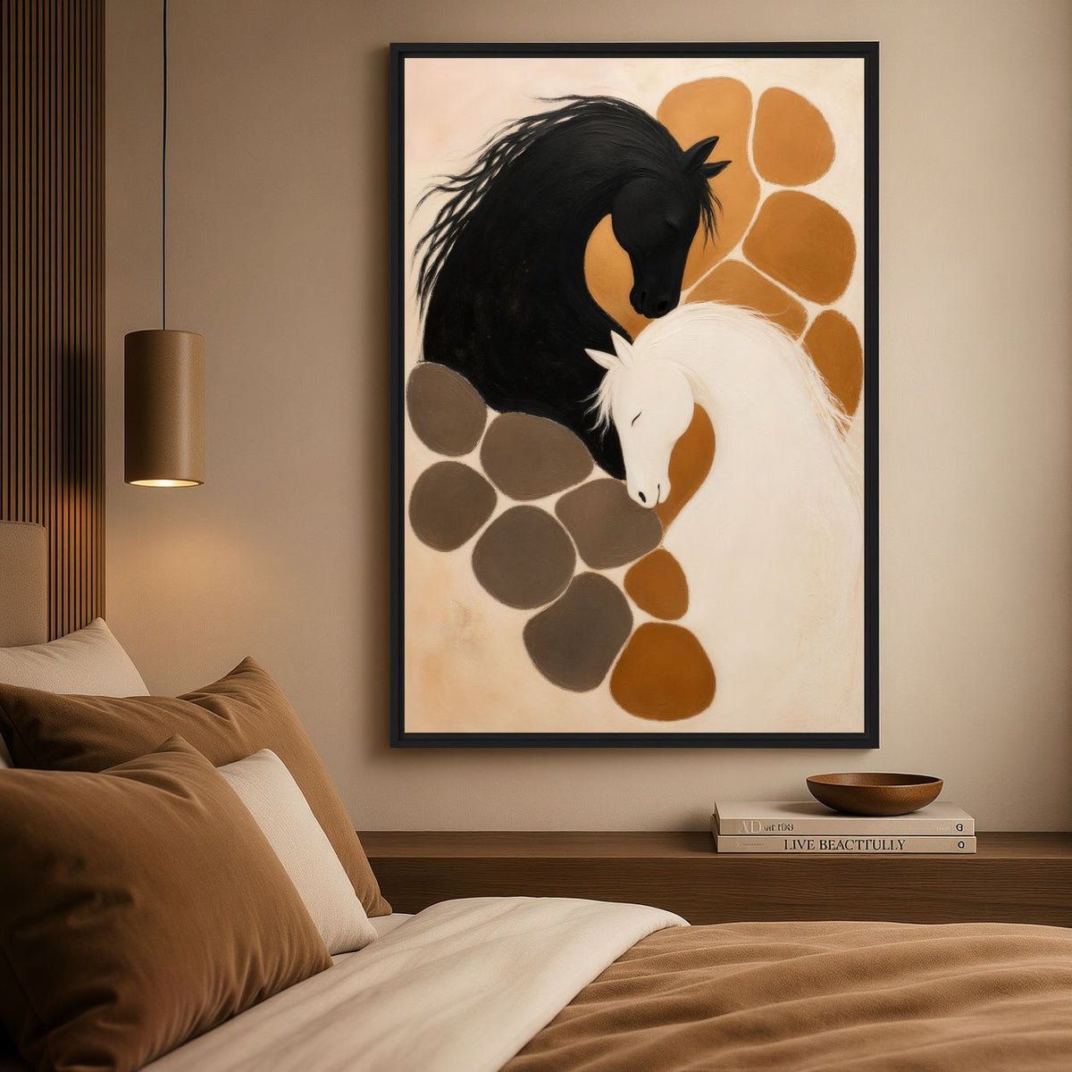 Bedroom mockup of black and white horse artwork beside brown bedding and a hanging brass-coloured light