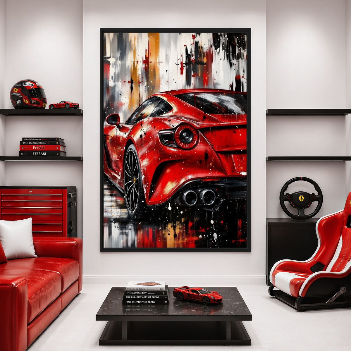 Red sports car canvas in a black frame, shown in a car-themed lounge with red seating and model cars