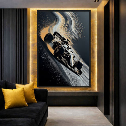 Racing car print on an illuminated wall panel beside a black chair and yellow cushion