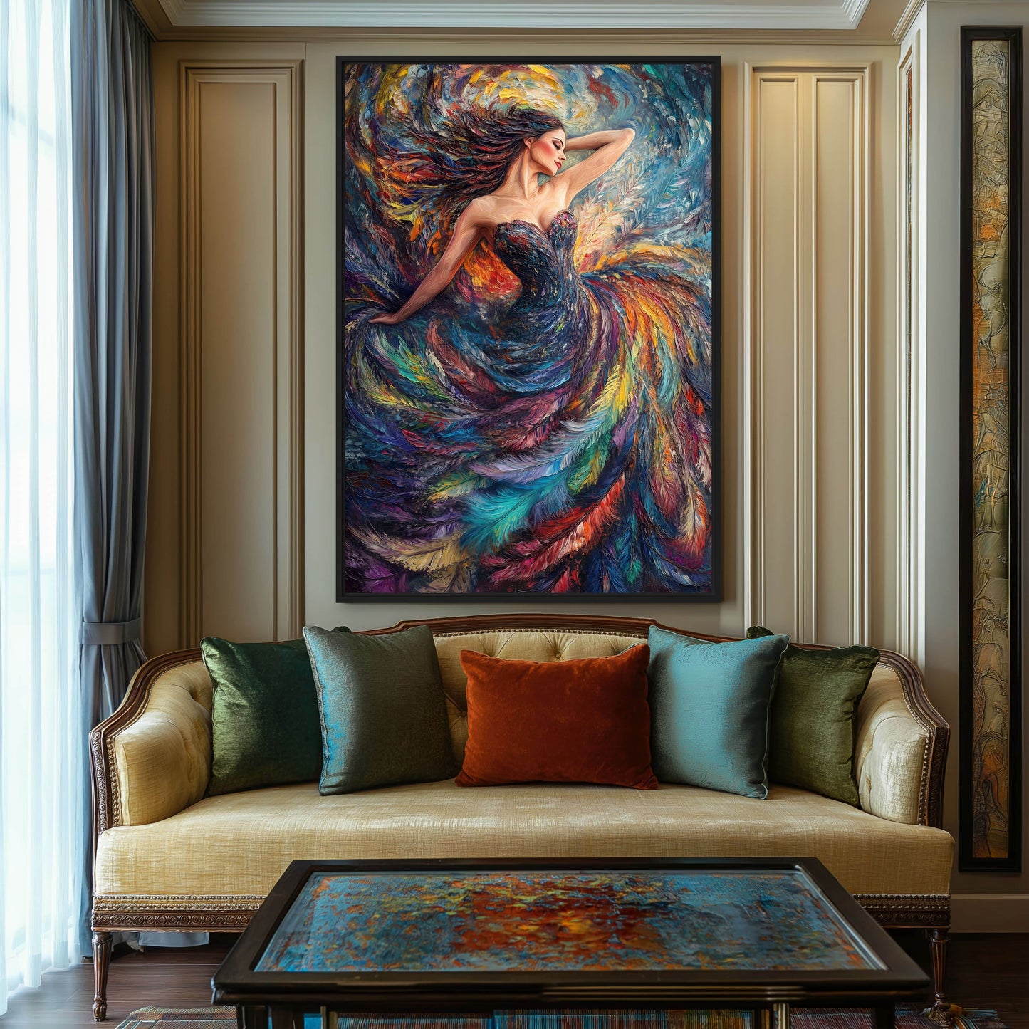 Woman In A Colorful Feather Dress Modern Art Framed Canvas