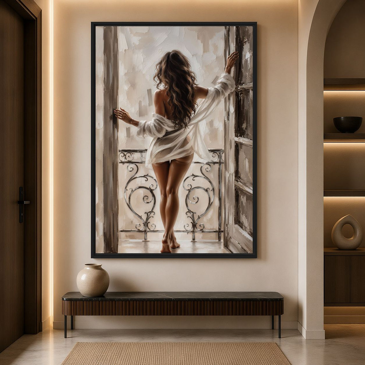 Balcony artwork above a slim bench in a beige entryway