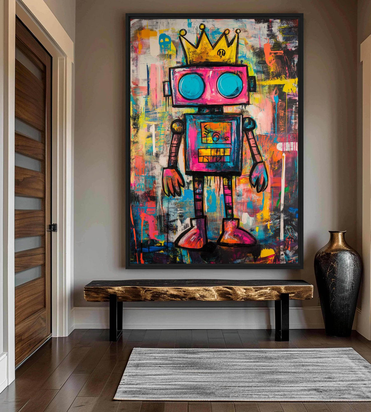 Entryway mockup of crowned robot artwork above a natural-edge wooden bench and grey rug