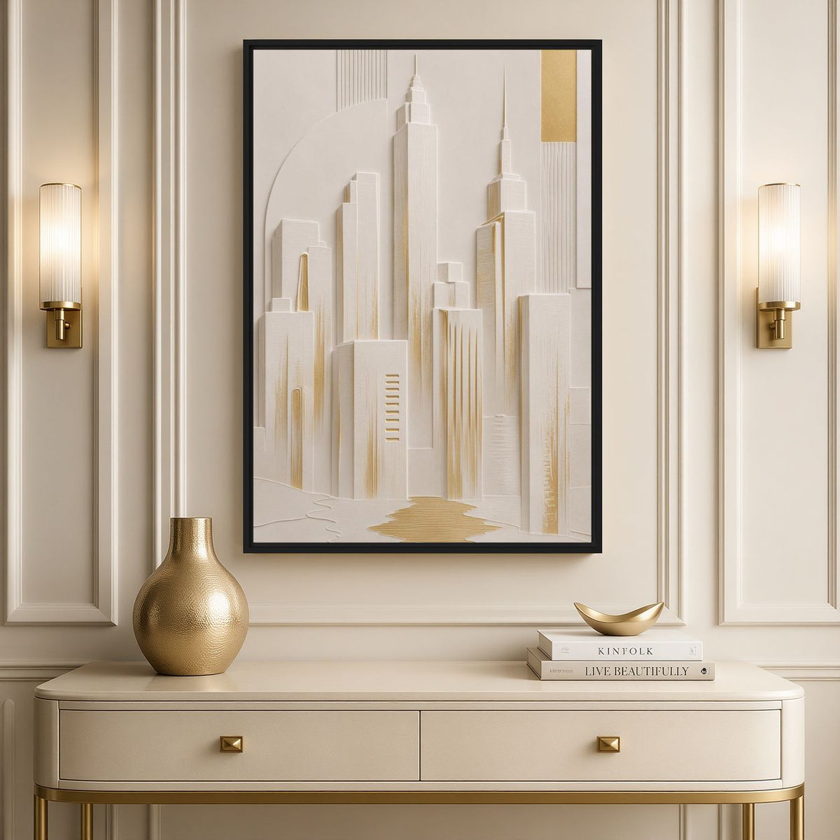 Ivory Manhattan skyline canvas above a cream console with a gold-toned vase
