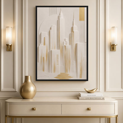 Ivory Manhattan skyline canvas above a cream console with a gold-toned vase