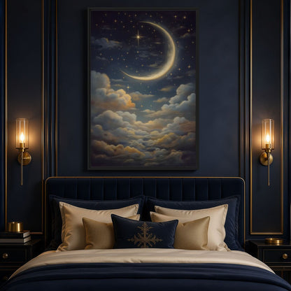 Crescent moon canvas above a navy upholstered headboard with cream cushions