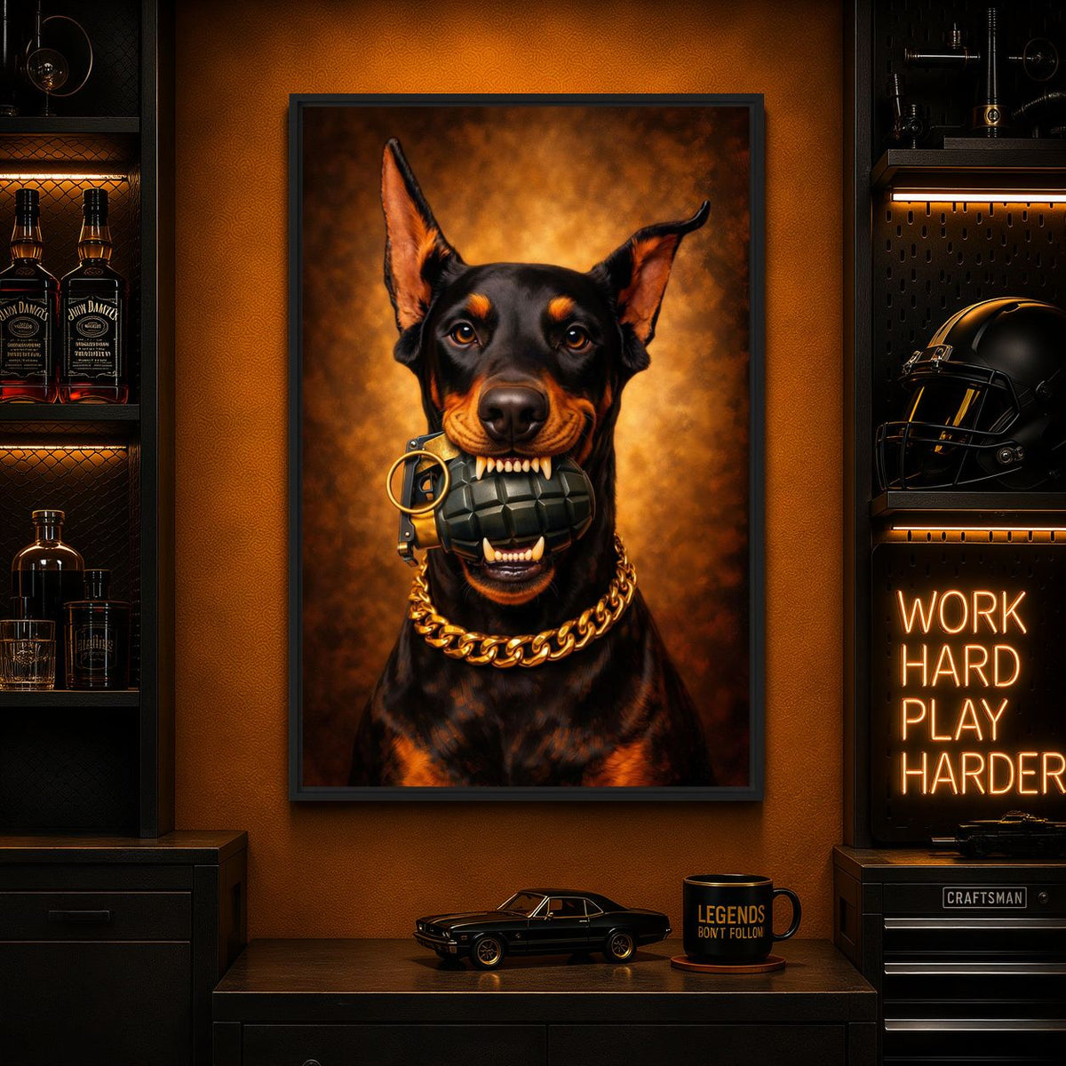 Doberman With Grenade Framed Canvas