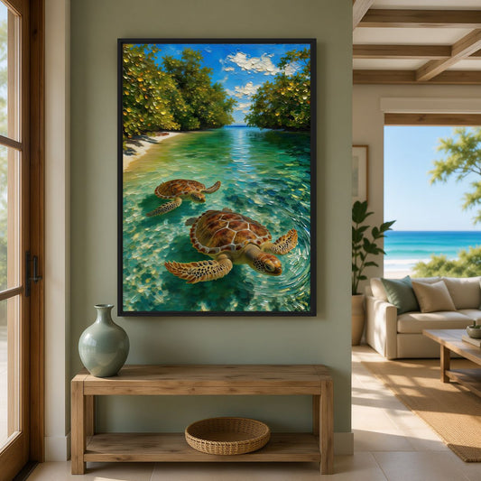 Tropical Sea Turtle Wall Art Framed Canvas