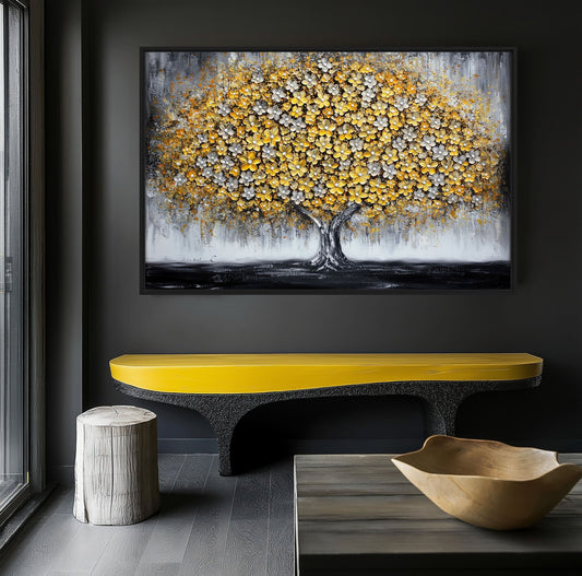 Yellow Tree Modern Art Framed Canvas