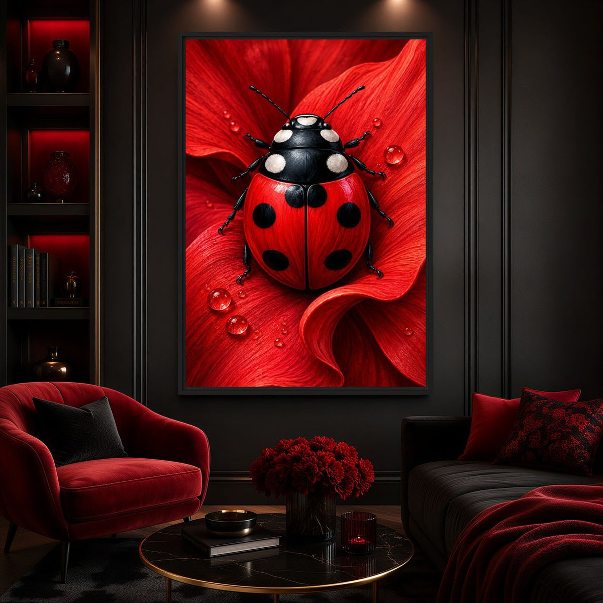 Red ladybug artwork in a dark lounge with red and black seating
