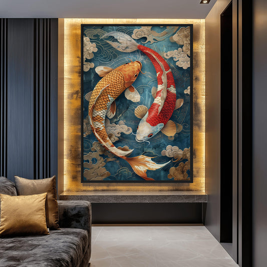 Koi Fish Circle Japanese Art Framed Canvas