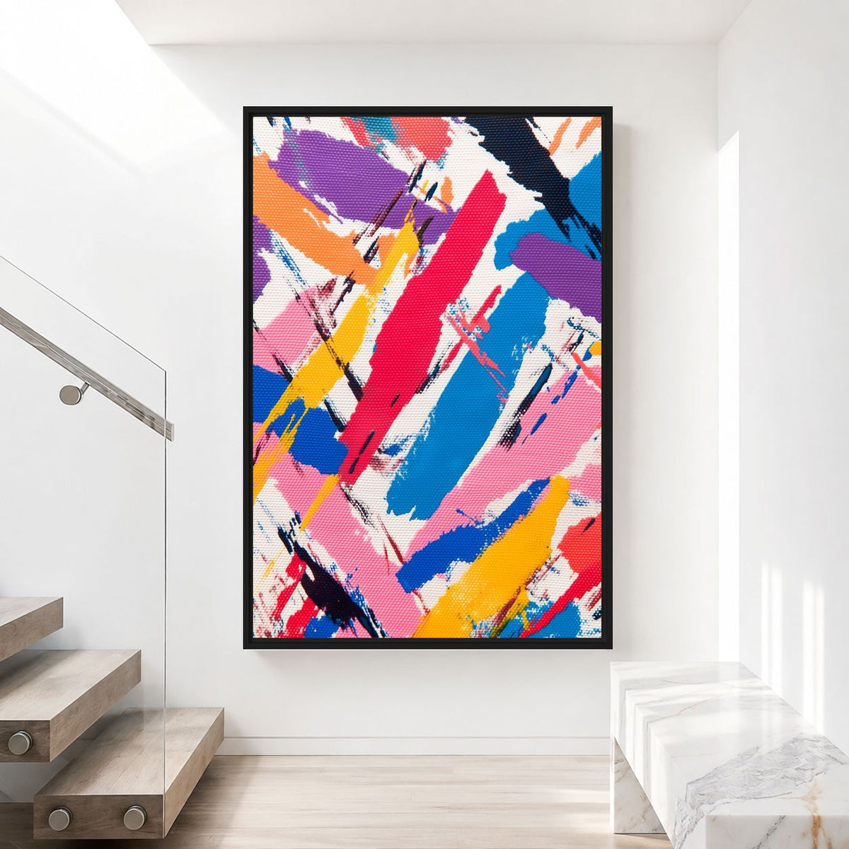Abstract multicoloured brushstroke canvas on a white stair landing
