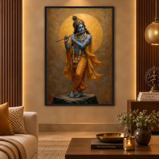 Living-room mockup of Krishna flute artwork beside cream seating, a low table and a hanging gold-toned lamp