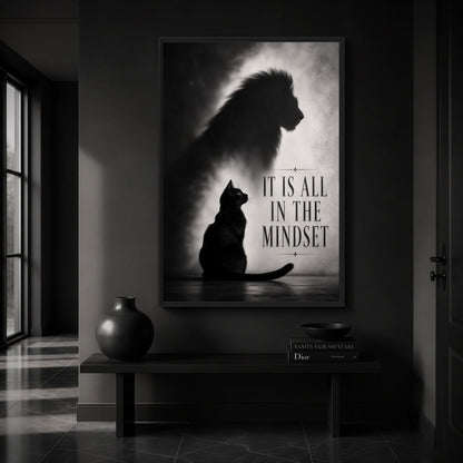 Motivational cat canvas above a dark console near tall hallway windows
