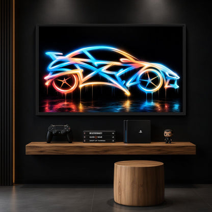 Room mockup of neon sports car framed canvas above a wooden shelf in a dark gaming nook