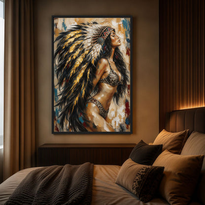 Feather Headdress Woman Western Art Framed Canvas