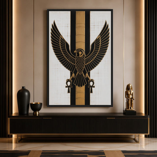 Horus falcon canvas above a black sideboard with Egyptian-style decorative objects