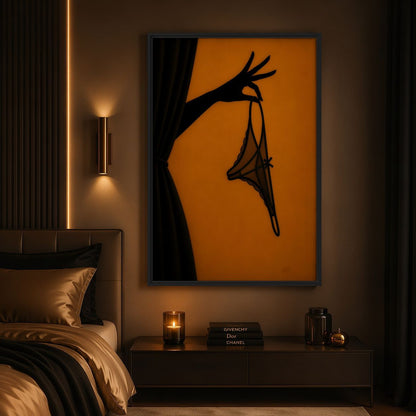 Lingerie silhouette canvas beside a bed in a warm, dimly lit bedroom
