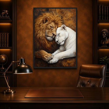 Lion and Lioness Romantic Wildlife Framed Canvas