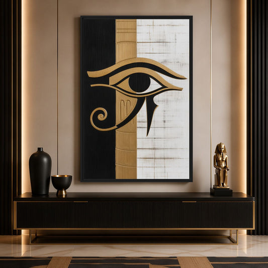 Eye of Horus canvas above a black console with gold-toned accents