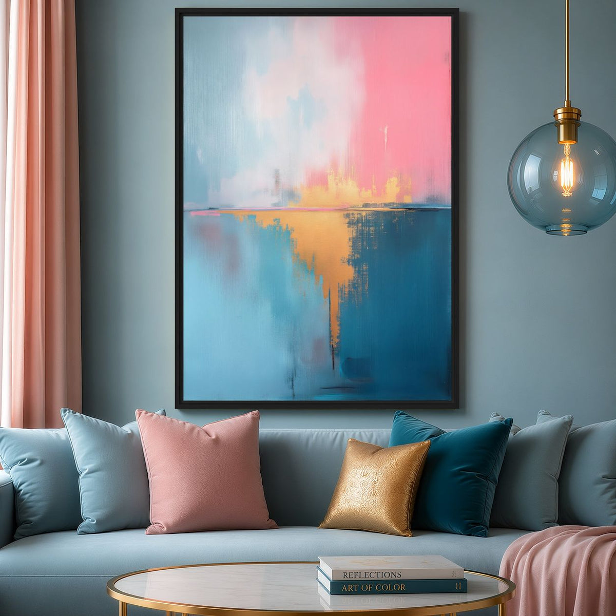 Pink-blue abstract canvas above a teal sofa with blush cushions