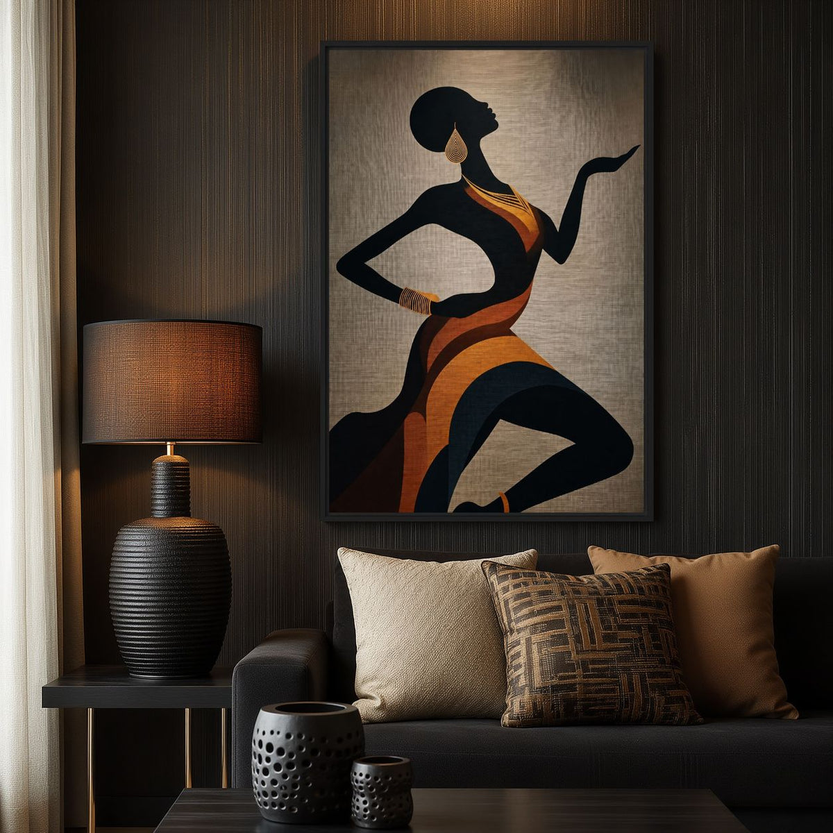 Living-room mockup of a black female silhouette in orange drapery above a dark sofa and warm lamp