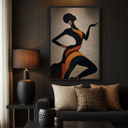 Living-room mockup of a black female silhouette in orange drapery above a dark sofa and warm lamp