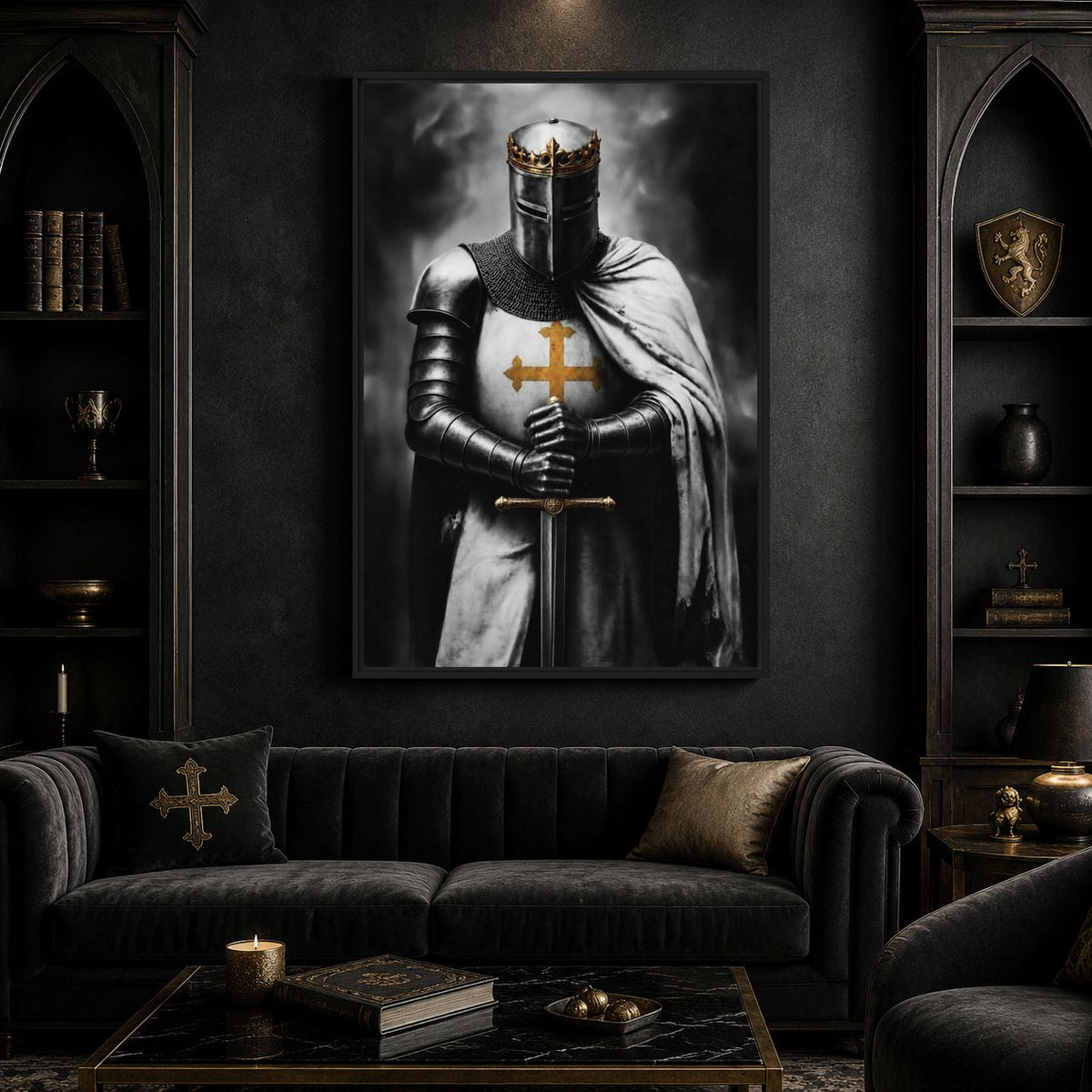 Crowned knight canvas above a black sofa between Gothic-style shelving