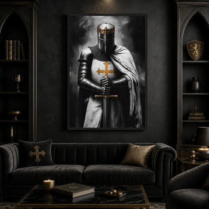 Crowned knight canvas above a black sofa between Gothic-style shelving