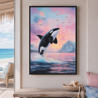 Orca canvas on a coastal room wall beside an open view of the sea