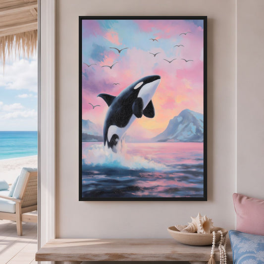 Orca canvas on a coastal room wall beside an open view of the sea
