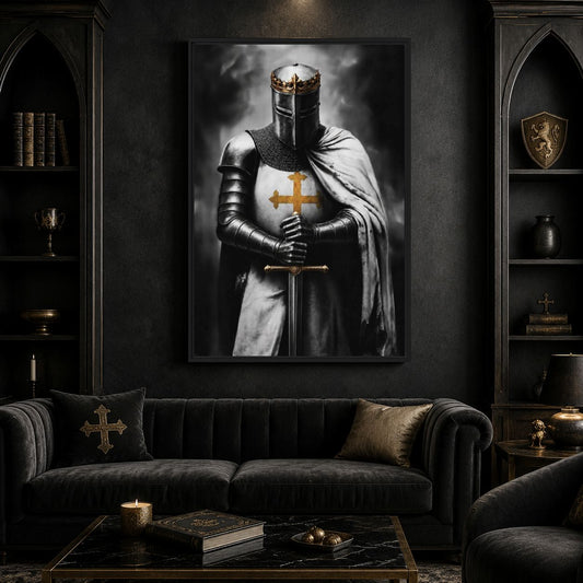 Crowned knight canvas above a black sofa between Gothic-style shelving