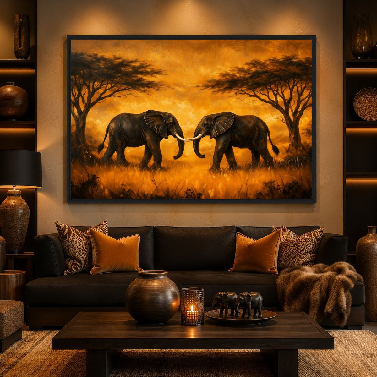 African Safari Elephant Wall Art Framed Canvas