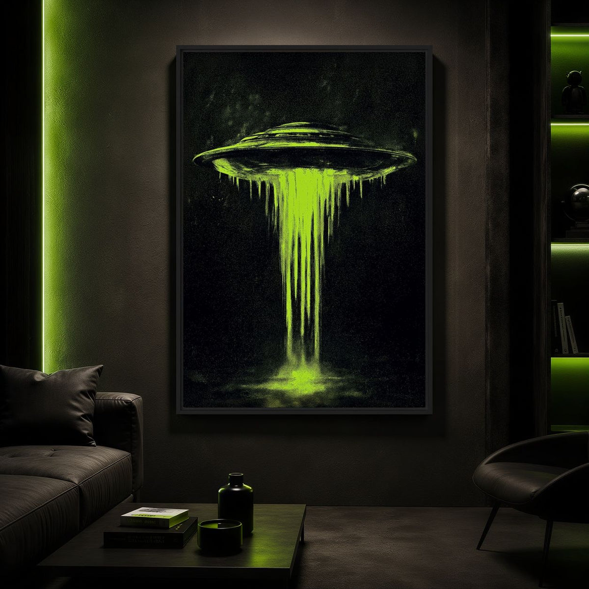 Dark lounge mockup of UFO artwork beside a sofa and green-lit shelving