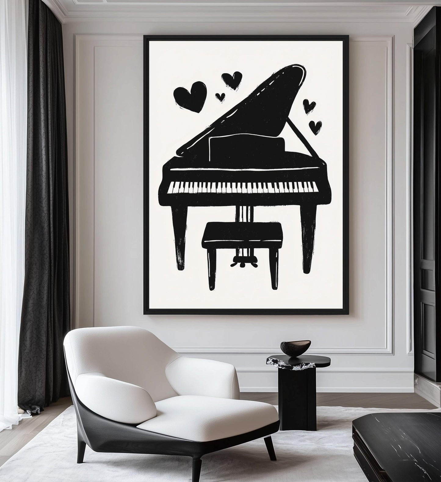 Black And White Piano Minimalist Art Framed Canvas