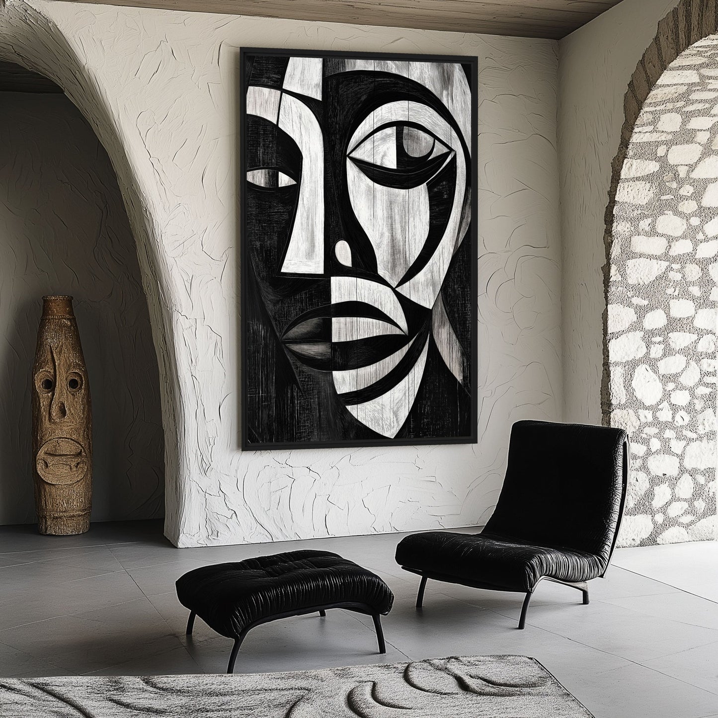 African Abstract Art Black and White Framed Canvas