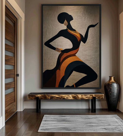 Hallway mockup of the figurative artwork above a natural wood bench
