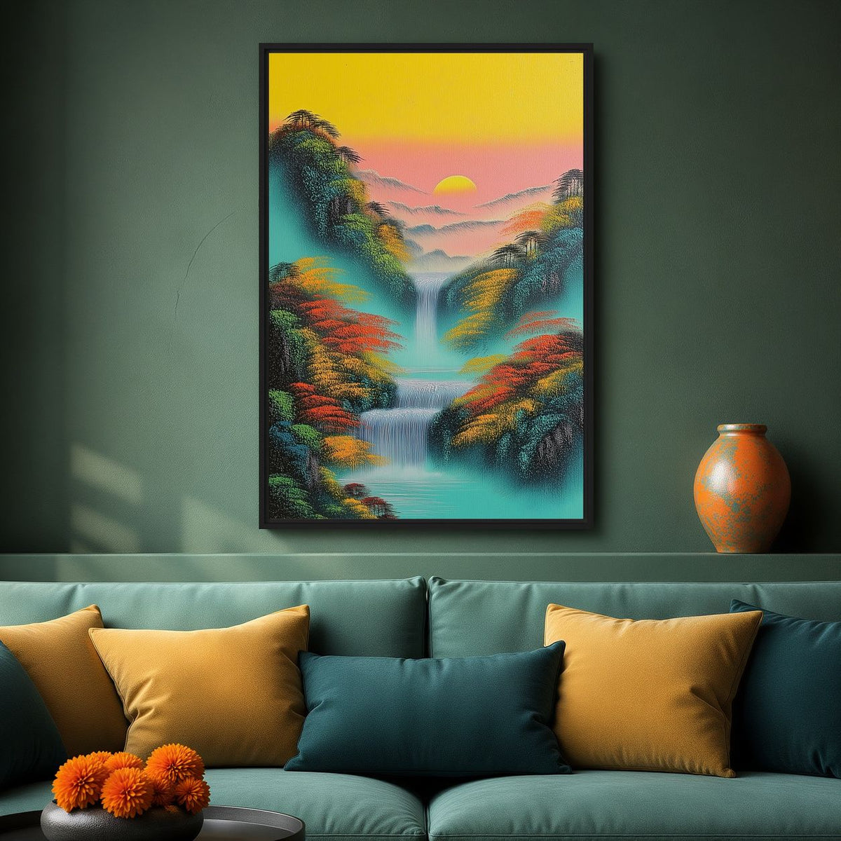 Japanese-inspired waterfall canvas above a green sofa with yellow cushions