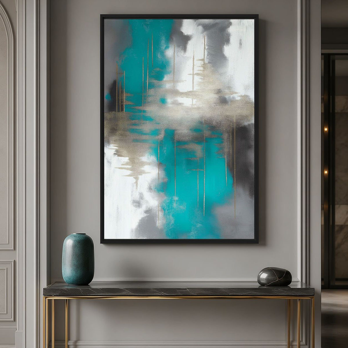 Entryway mockup of teal and grey abstract artwork above a narrow console