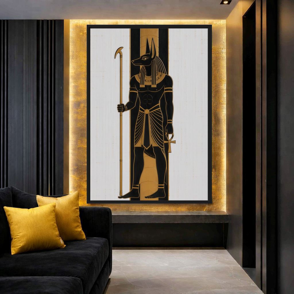 Dark lounge mockup of Anubis artwork beside a black sofa and yellow cushion
