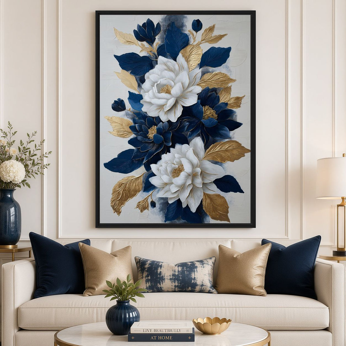 Living-room mockup of floral artwork above a cream sofa with dark blue cushions