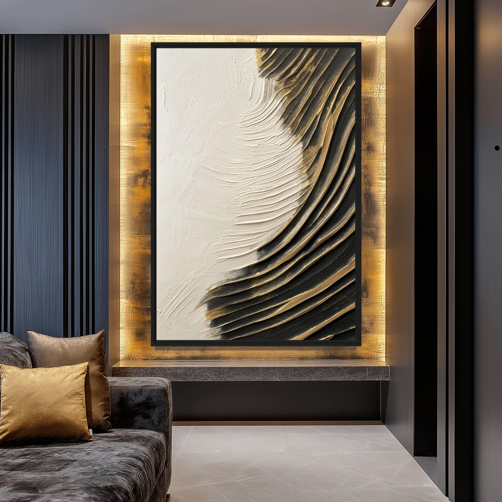Wave White Black Gold Modern Art Framed Canvas
