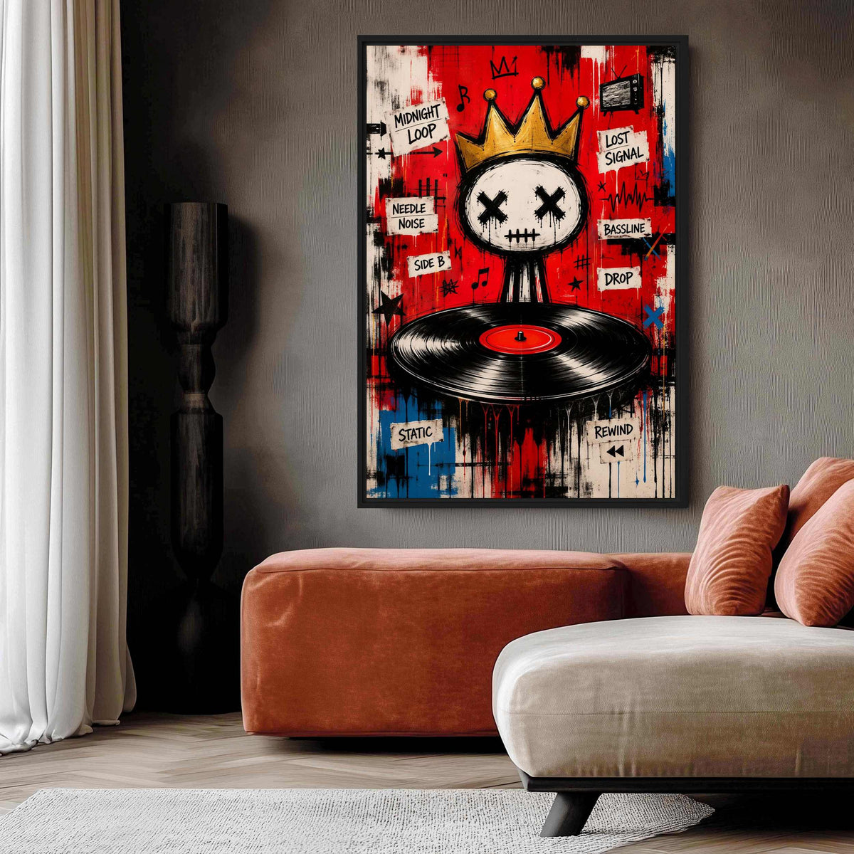 Living-room mockup of vinyl graffiti artwork above curved rust and cream seating