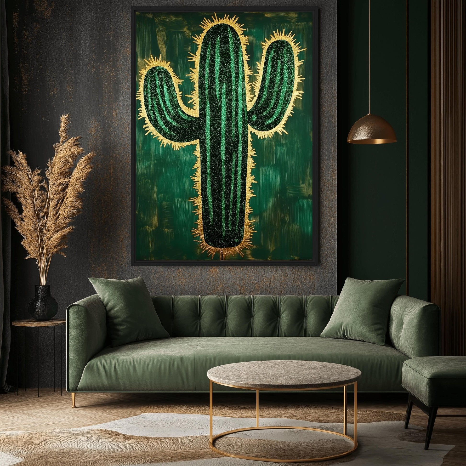 Cactus Green & Gold Modern Art Framed Canvas