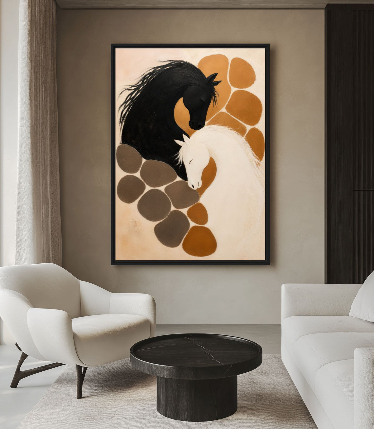 Sitting-room mockup of horse artwork between white armchairs above a round black coffee table