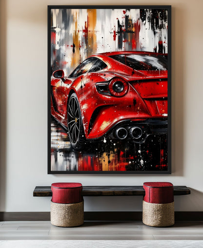 Black-framed red sports car artwork above a dark bench with two red-topped woven stools