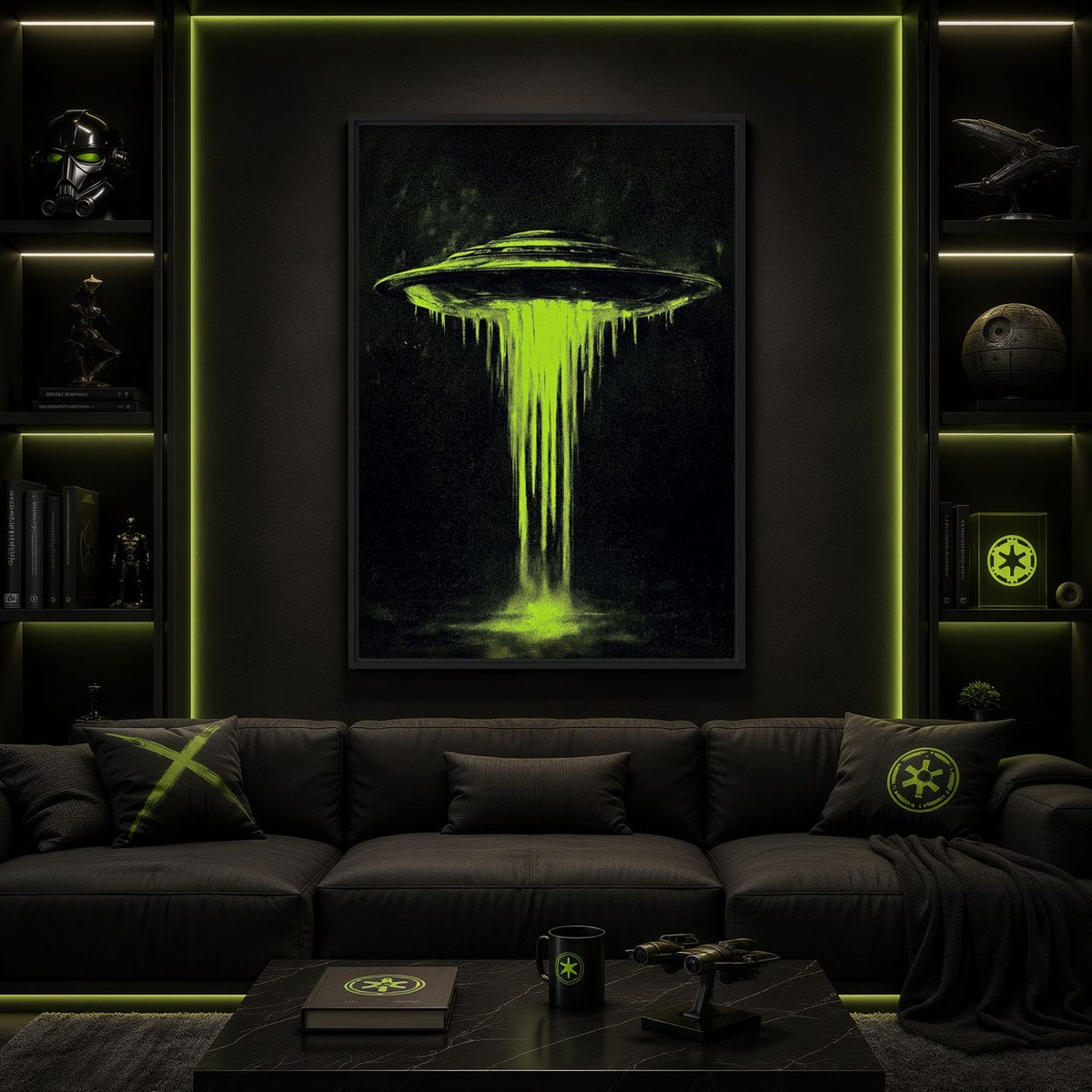Games-room mockup of green UFO artwork above a dark sofa with green shelf lighting