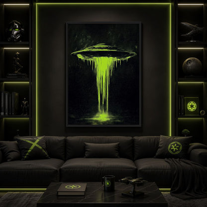 Games-room mockup of green UFO artwork above a dark sofa with green shelf lighting