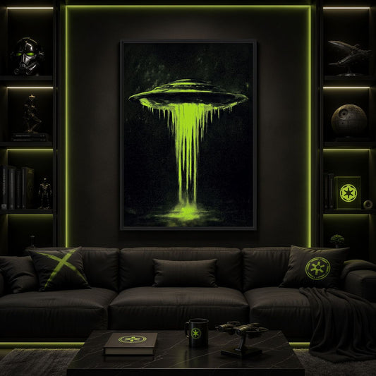 Games-room mockup of green UFO artwork above a dark sofa with green shelf lighting