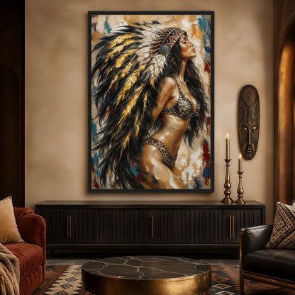 Feather Headdress Woman Western Art Framed Canvas